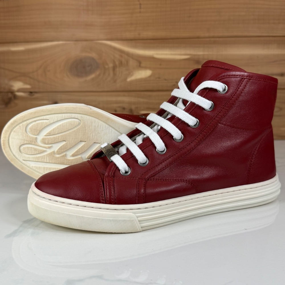 Gucci Mens Sneakers Mens 10.5 Burgundy Red Leather High Top Made in Italy Luxury